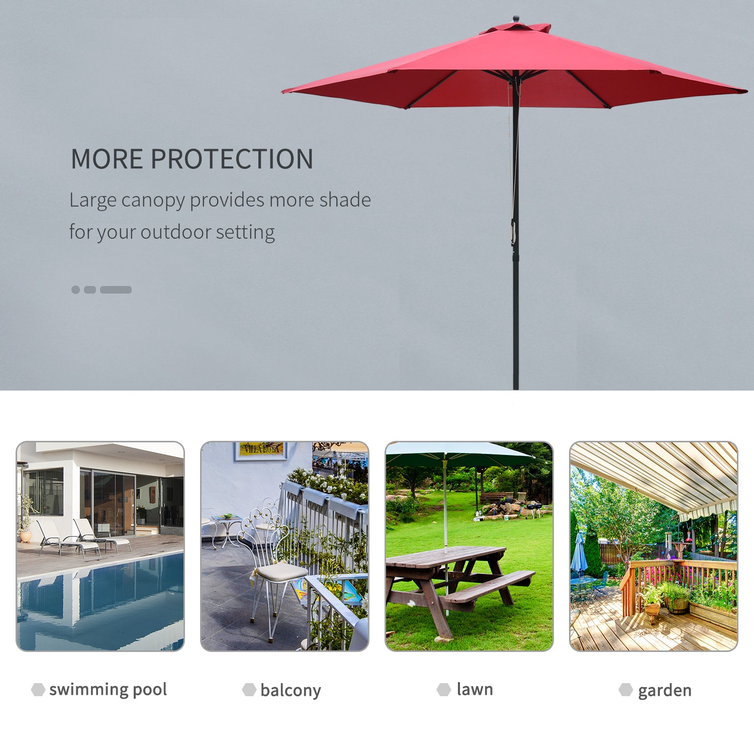 Outsunny 2.8m Garden Parasol Umbrella, Round Outdoor Market Table Umbrella Sun Shade Canopy, Wine Red 