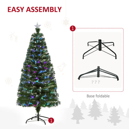HOMCOM 5FT Multicoloured Artificial Christmas Tree w/ Fibre Optic Lights Pre-Lit Modes Metal Stand Star Holder Home Seasonal Decoration 