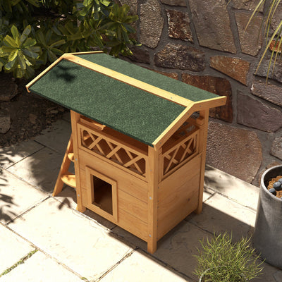 PawHut Cat House Outdoor w/ Balcony Stairs Roof, 77 x 50 x 73 cm, Natural Wood Finish 