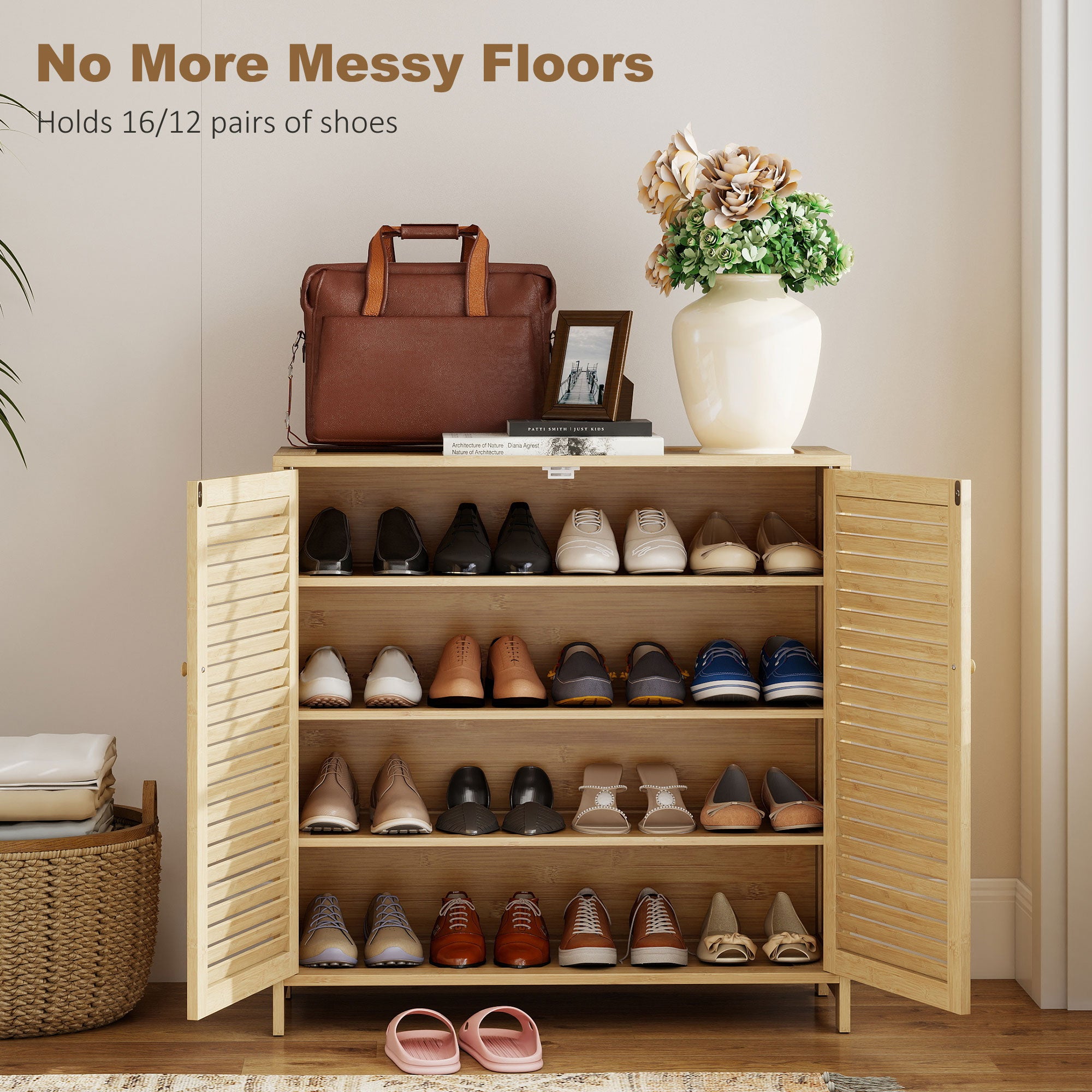 HOMCOM Bamboo Shoe Cabinet with Louvered Doors, 14 Pairs Shoe Storage Cabinet with Adjustable Shelves for Hallway, Natural 
