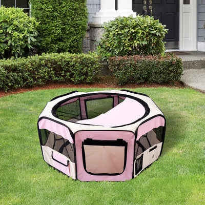 PawHut Portable Cat Dog Playpen Pet Puppy Rabbit Guinea Pig Pen Run Dia 90 x 41H cm Indoor & Outdoor Pink 