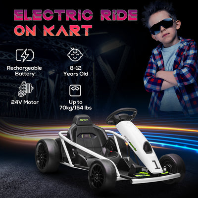 HOMCOM 24V Electric Go Kart for Kids, Drift Ride-On Racing Go Kart with 2 Speeds, for Boys Girls Aged 8-12 Years Old, White 