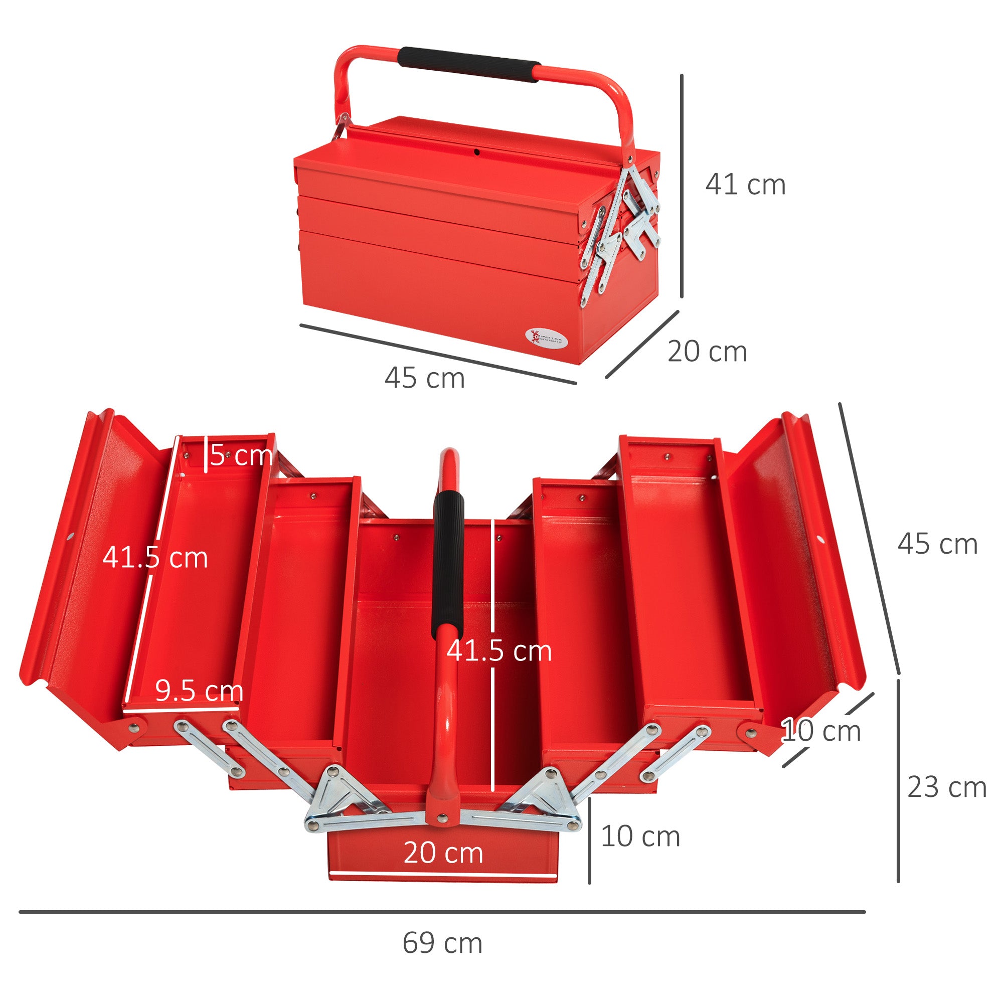 DURHAND Metal Tool Box 3 Tier 5 Tray Professional Portable Storage Cabinet Workshop Cantilever Toolbox with Carry Handle, 45cmx20cmx34.5cm, Red 