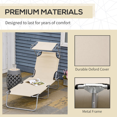 Outsunny Outdoor Foldable Sun Lounger, 4 Level Adjustable Backrest Reclining Sun Lounger Chair with Angle Adjust Sun Shade Awning for Beach, Garden, Patio, Beige 
