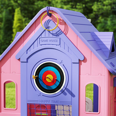 AIYAPLAY 5-in-1 Playhouse for Kids Outdoor Indoor with Basketball Hoop, Football Goal, Dartboard, Ring Toss for 2-5 Years, Pink 
