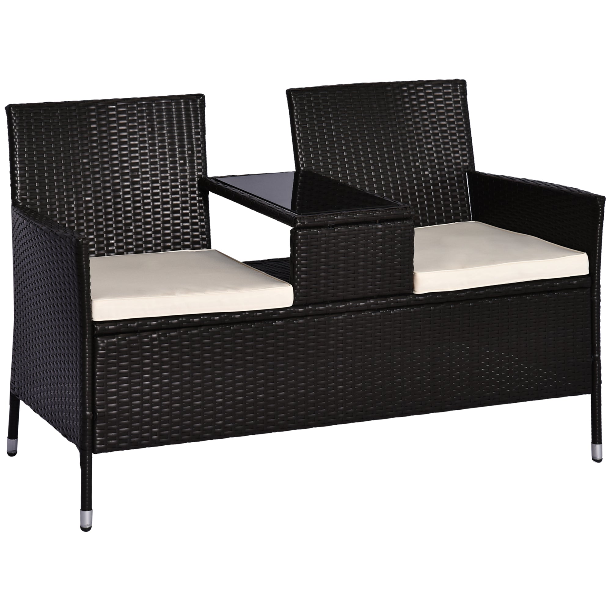 Outsunny 2 Seater Rattan Campanion Chair Wicker Loveseat Outdoor Patio Armchair with Drink Table Garden Furniture - Dark Brown 