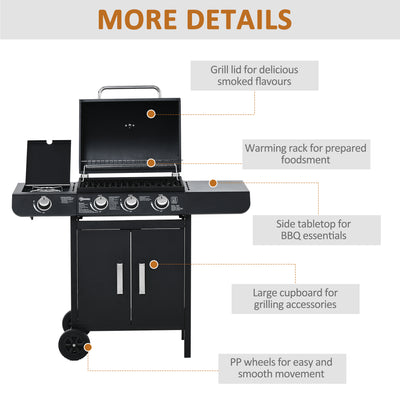 Outsunny 3+1 Burner Gas BBQ Grill, Outdoor Barbecue Trolley with Wheels, Warming Rack, Side Shelves, Cabinet, Thermometer for Garden, Party, Camping, 110L x 50W x 100Hcm, Black 