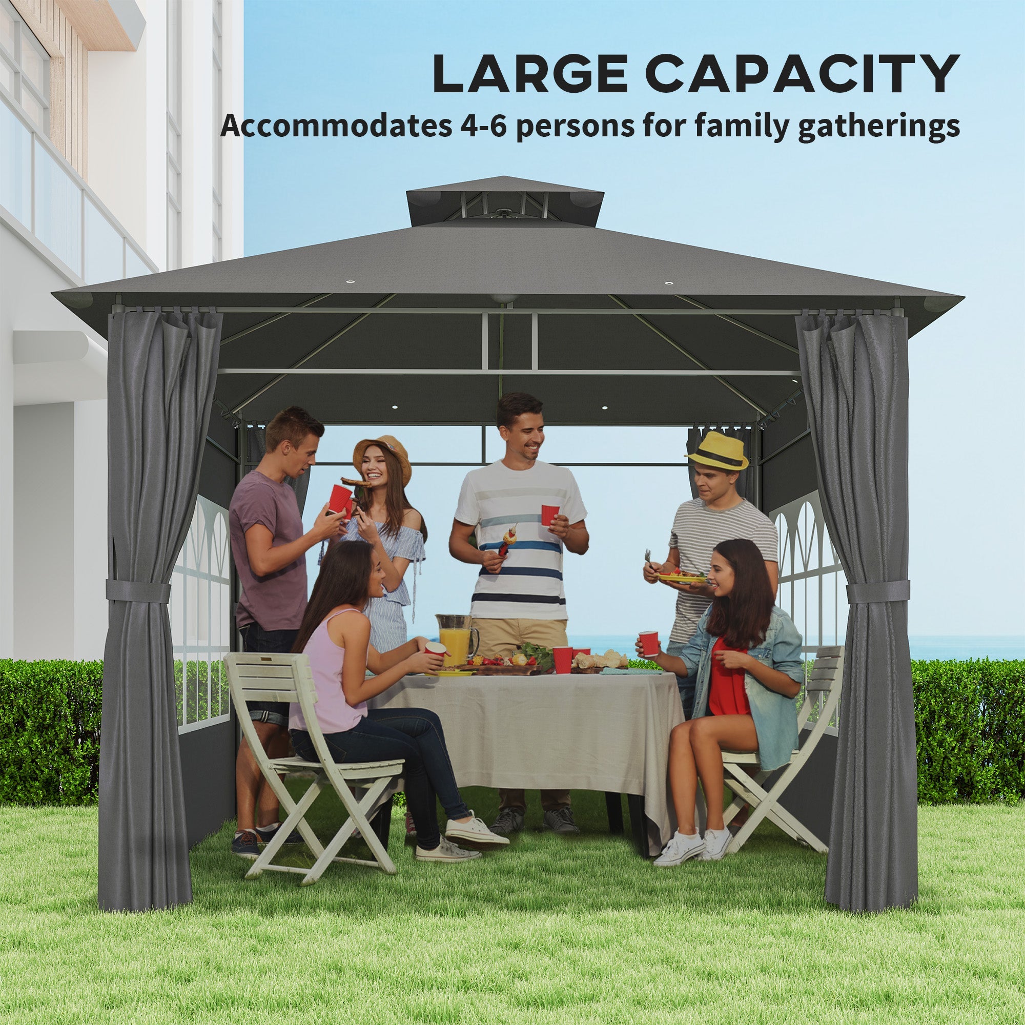 Outsunny 3 x 3 m Garden Gazebo, Double Roof Metal Gazebo with Removable Sidewalls and Church Windows, Outdoor Canopy Shelter, Dark Grey 