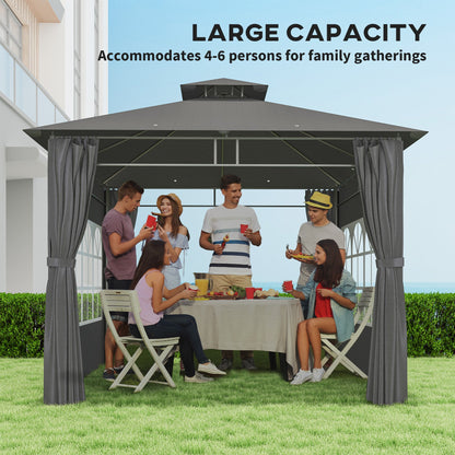 Outsunny 3 x 3 m Garden Gazebo, Double Roof Metal Gazebo with Removable Sidewalls and Church Windows, Outdoor Canopy Shelter, Dark Grey 