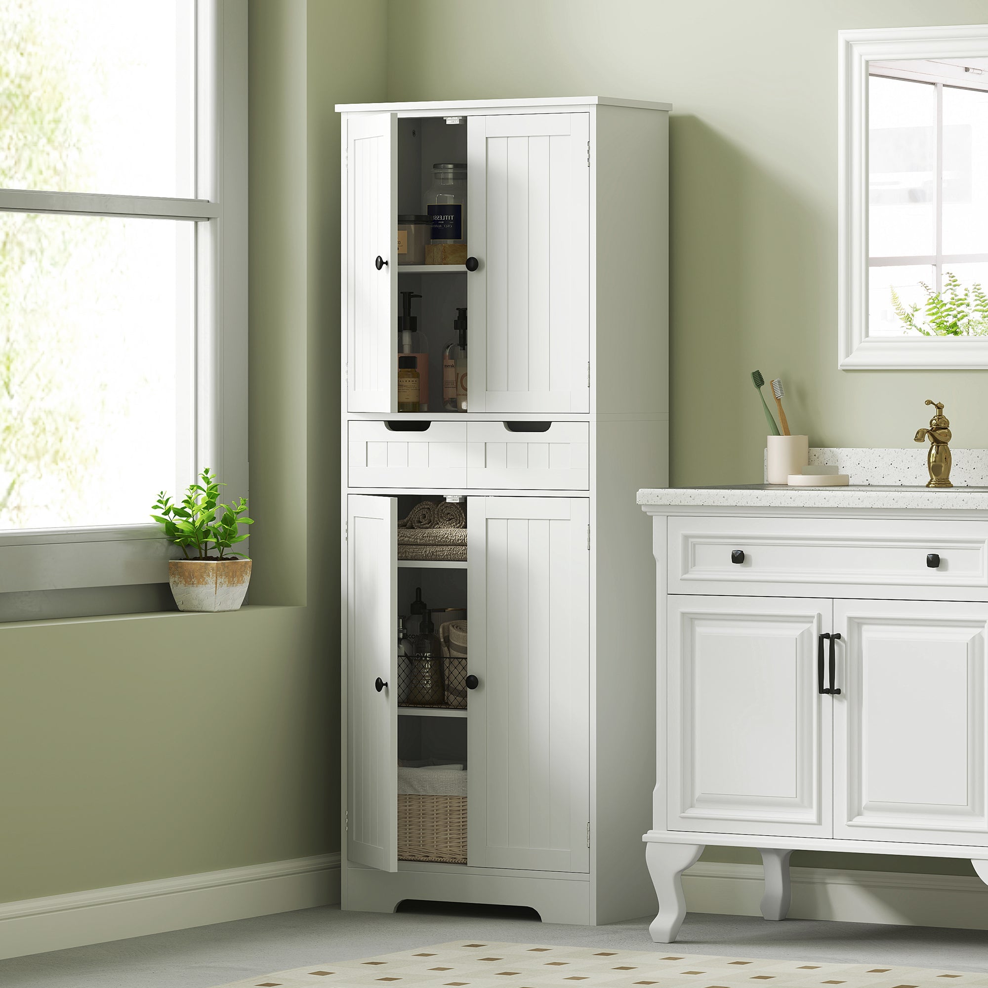 HOMCOM Tall Bathroom Cabinet, Freestanding Storage Cupboard, Bathroom Storage Cabinet with Drawer, Adjustable Shelf and Doors, 60 x 30 x 160 cm, White 