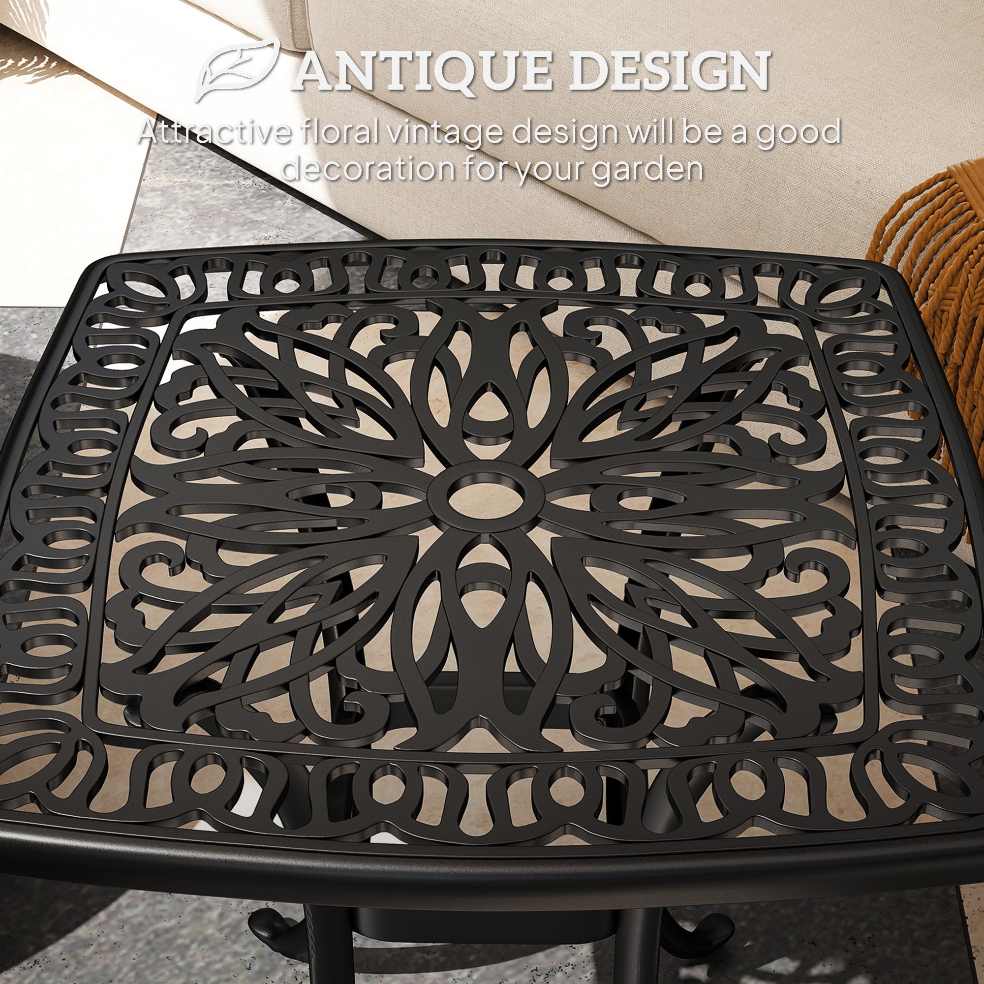 Outsunny Outdoor Garden Table with 38mm Dia. Umbrella Hole, Cast Aluminium Patio End Table with Anti-slip Foot Pads for Garden, Patio, Balcony, 54 x 54cm, Black