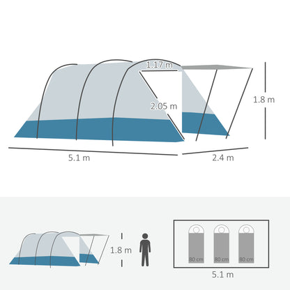 Outsunny 6-8 Person Tunnel Tent, Camping Tent with Bedroom, Living Room, Sewn-in Floor, 3 Doors and Carry Bag, 2000mm Water Column for Fishing, Hiking, Sports, and Traveling, Blue 