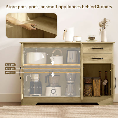 HOMCOM Sideboard with 2 Drawers Modern Storage Cabinet, Kitchen Cupboard with Adjustable Shelf and 3 Doors Natural 