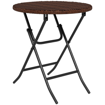 Outsunny Foldable PE Rattan Outdoor Coffee Table, Metal Frame Wicker Round Side Table, Coffee Table Side Table for Lawn, Garden, Mixed Brown 
