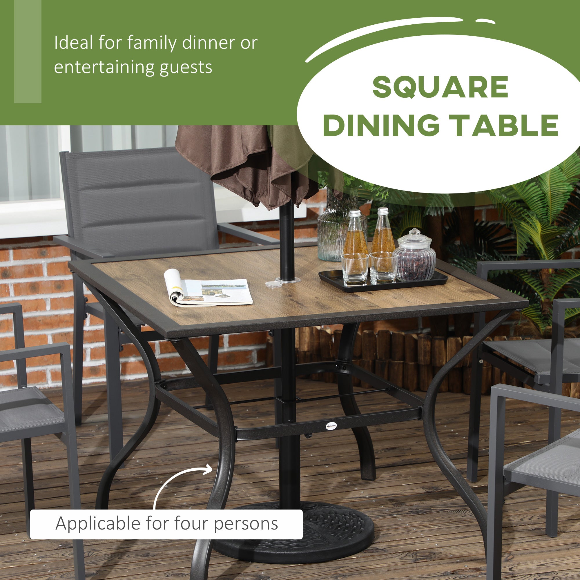 Outsunny Outdoor Garden Table Dining Table for 4 with Parasol Hole, Stone-Grain Effect PC Board Top for Patio, Garden, Brown 