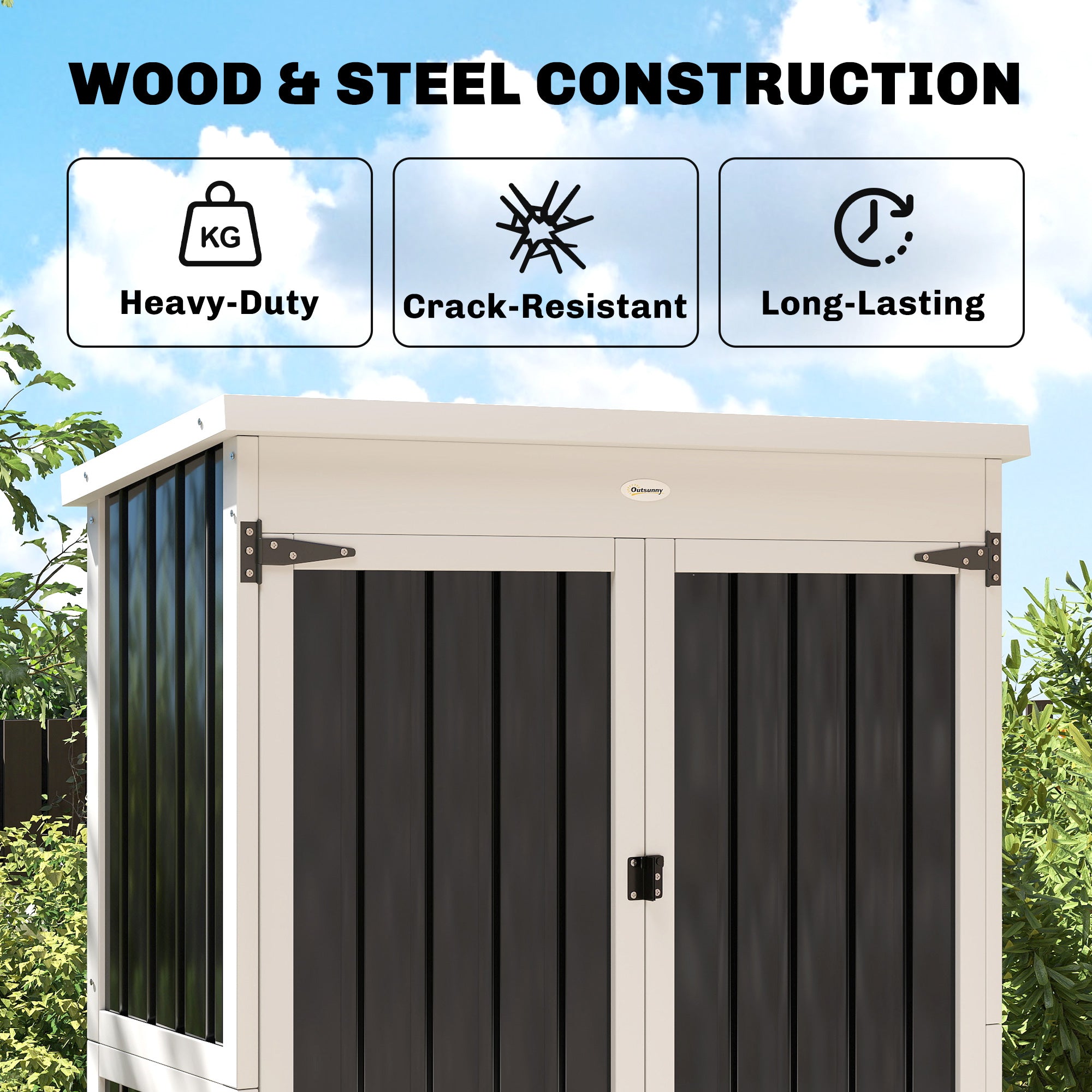 Outsunny Outdoor Storage Cabinet with Removable Shelves, Garden Tool Shed with Asphalt Roof, White and Black 