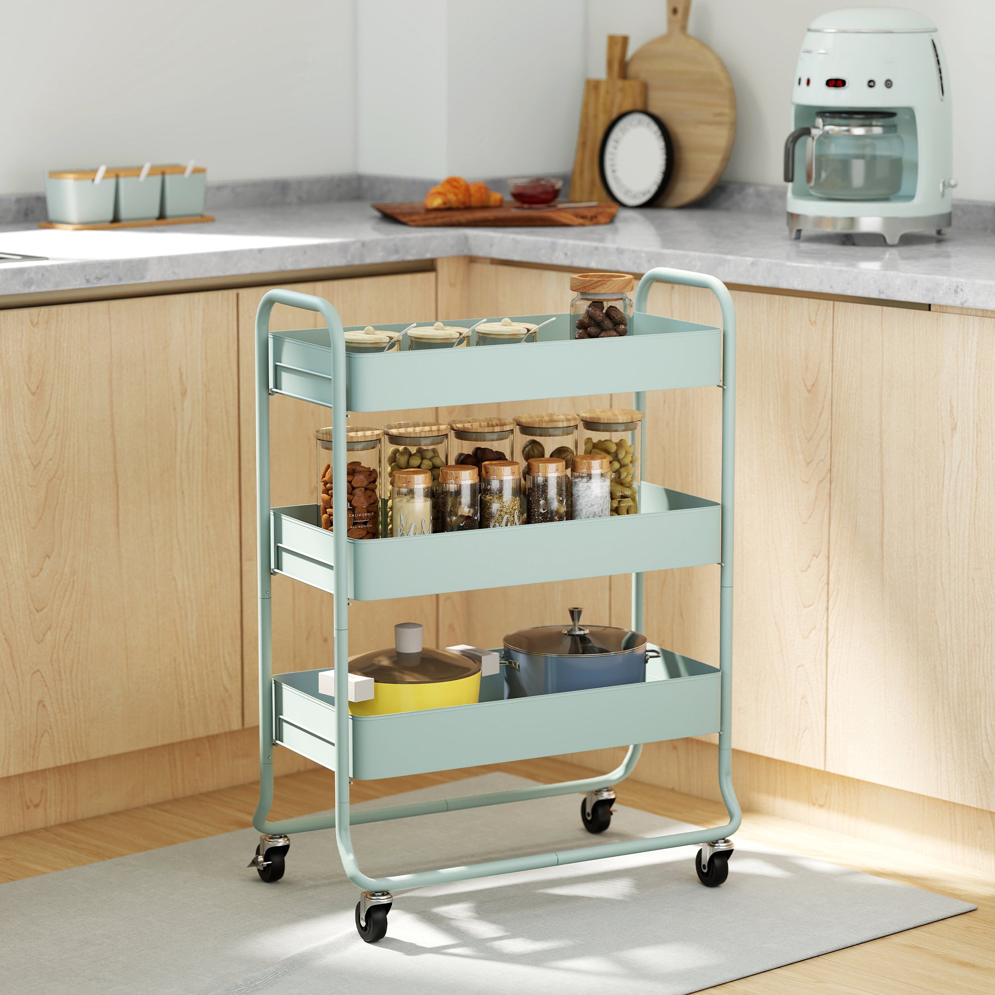 HOMCOM 3-Tier Storage Trolley on Wheels, Rolling Utility Cart with Mesh Backets for Kitchen, Bathroom, Bedroom, Light Green 