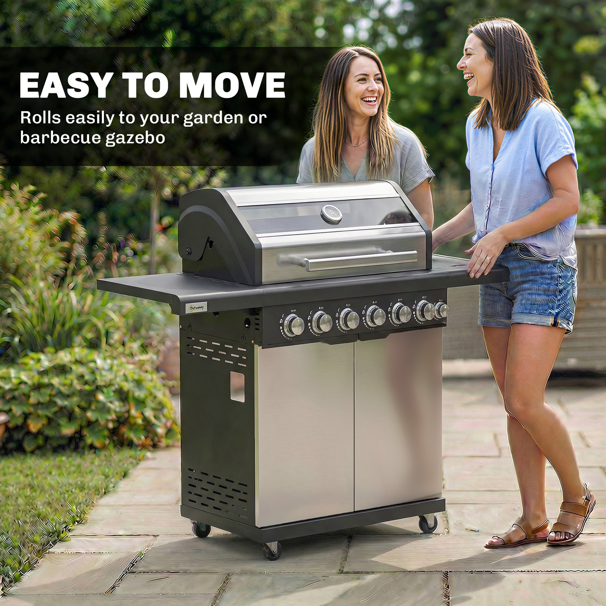 Outsunny 6+1 Burner Gas BBQ Grill, Outdoor Barbecue Trolley with Wheels, Warming Rack, Thermometer, Bottle Opener, Silver Tone 