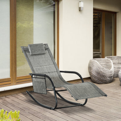 Outsunny Outdoor Garden Rocking Chair, Patio Sun Lounger Rocker Chair with Breathable Mesh Fabric, Removable Headrest Pillow, Armrest, Side Storage Bag, Dark Grey 