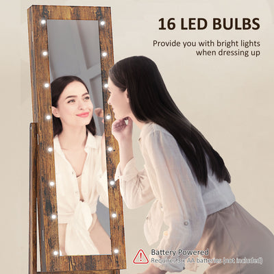 HOMCOM Free Standing Mirror Jewelry Cabinet with LED Lights, Jewellery Organiser with 3 Angle Adjustable, Full-Length Mirror with Storage for Earrings, Necklaces, Rings and Lipsticks, Rustic Brown 