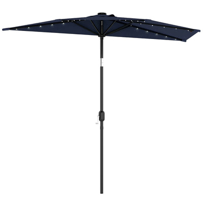 Outsunny 2.6 m Half Garden Parasol with Solar LED Lights, UPF50+ Semi Round Umbrella with 30° Tilt, Crank Handle, Dark Blue 
