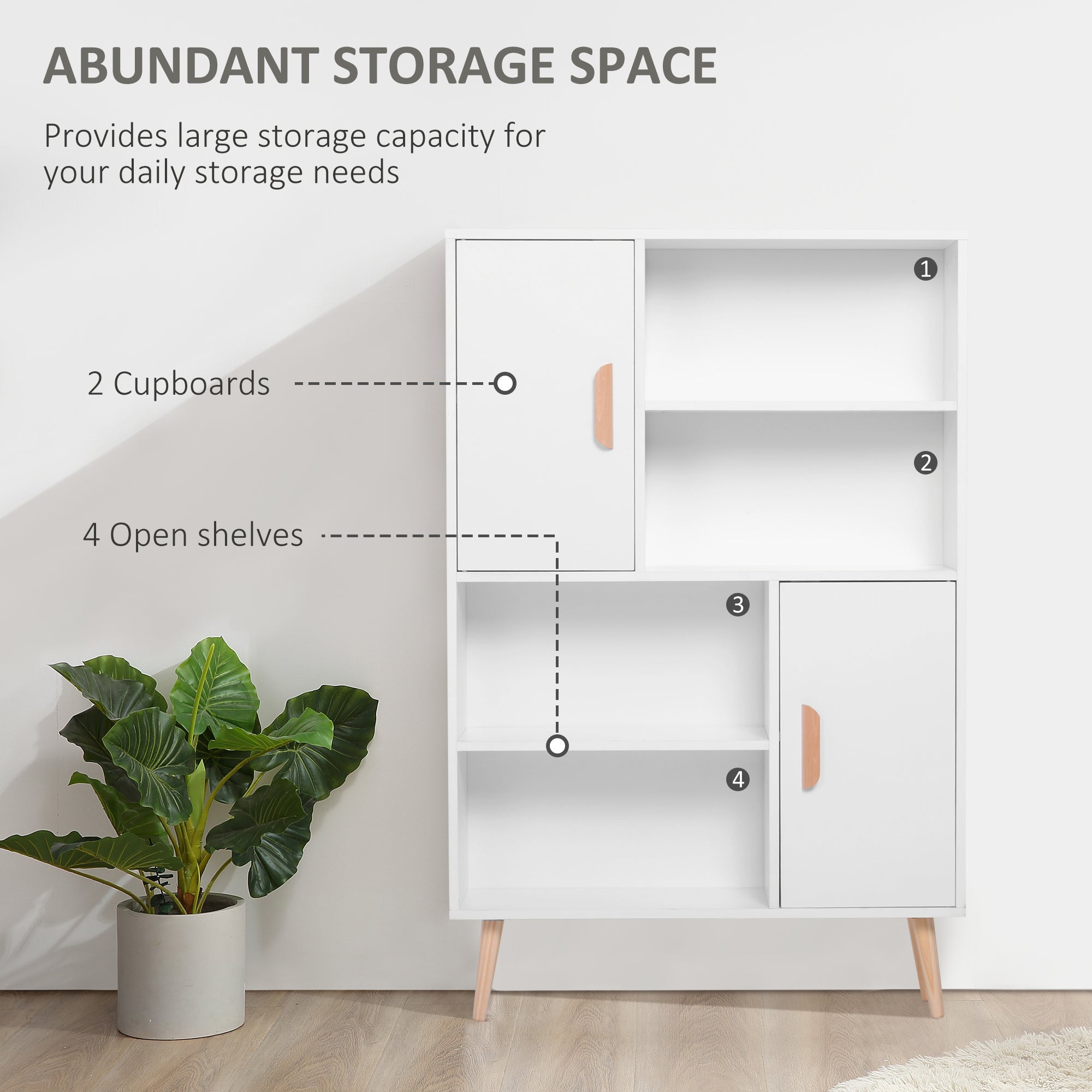 HOMCOM Sideboard Bookshelf Free Standing Bookcase Shelves Unit Display Storage Cabinet w/ Adjustable Shelves, Wooden Leg, Two Doors, White 