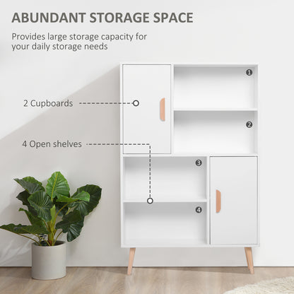 HOMCOM Sideboard Bookshelf Free Standing Bookcase Shelves Unit Display Storage Cabinet w/ Adjustable Shelves, Wooden Leg, Two Doors, White 