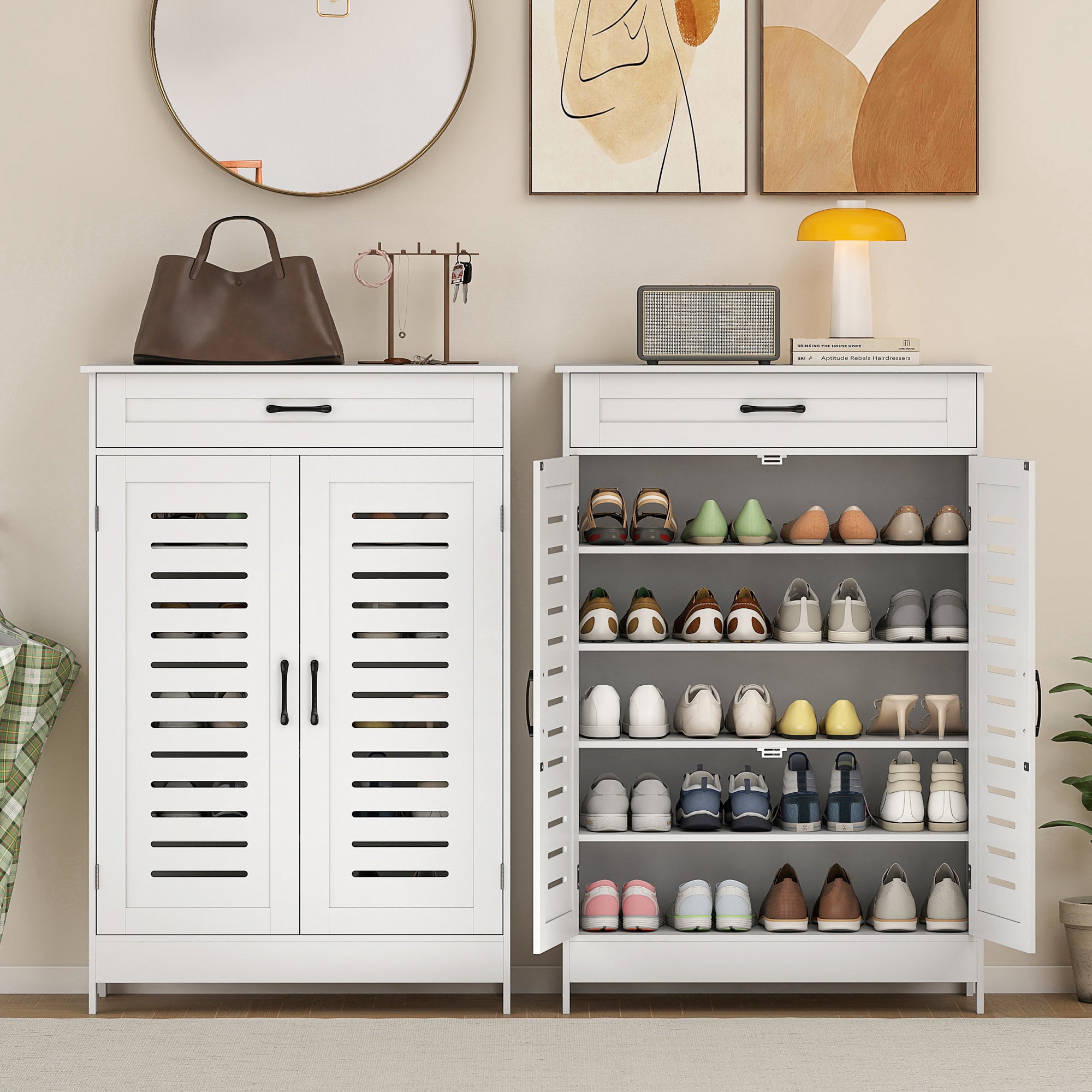 HOMCOM Shoe Cabinet with Louvered Doors, Modern Shoe Storage Cabinet with Drawer and Adjustable Shelves, White 