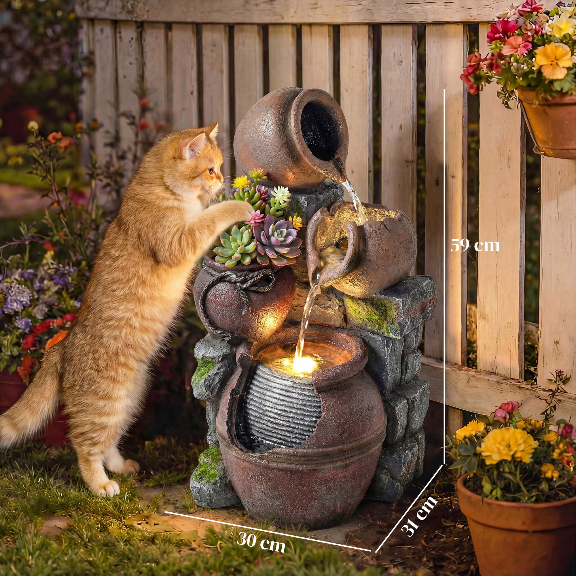 Outsunny Outdoor Fountain with 4-Tier Rustic Pots & Planter, Garden Fountain with LED Lights, Rustic Brown 