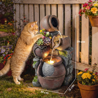 Outsunny Outdoor Fountain with 4-Tier Rustic Pots & Planter, Garden Fountain with LED Lights, Rustic Brown 