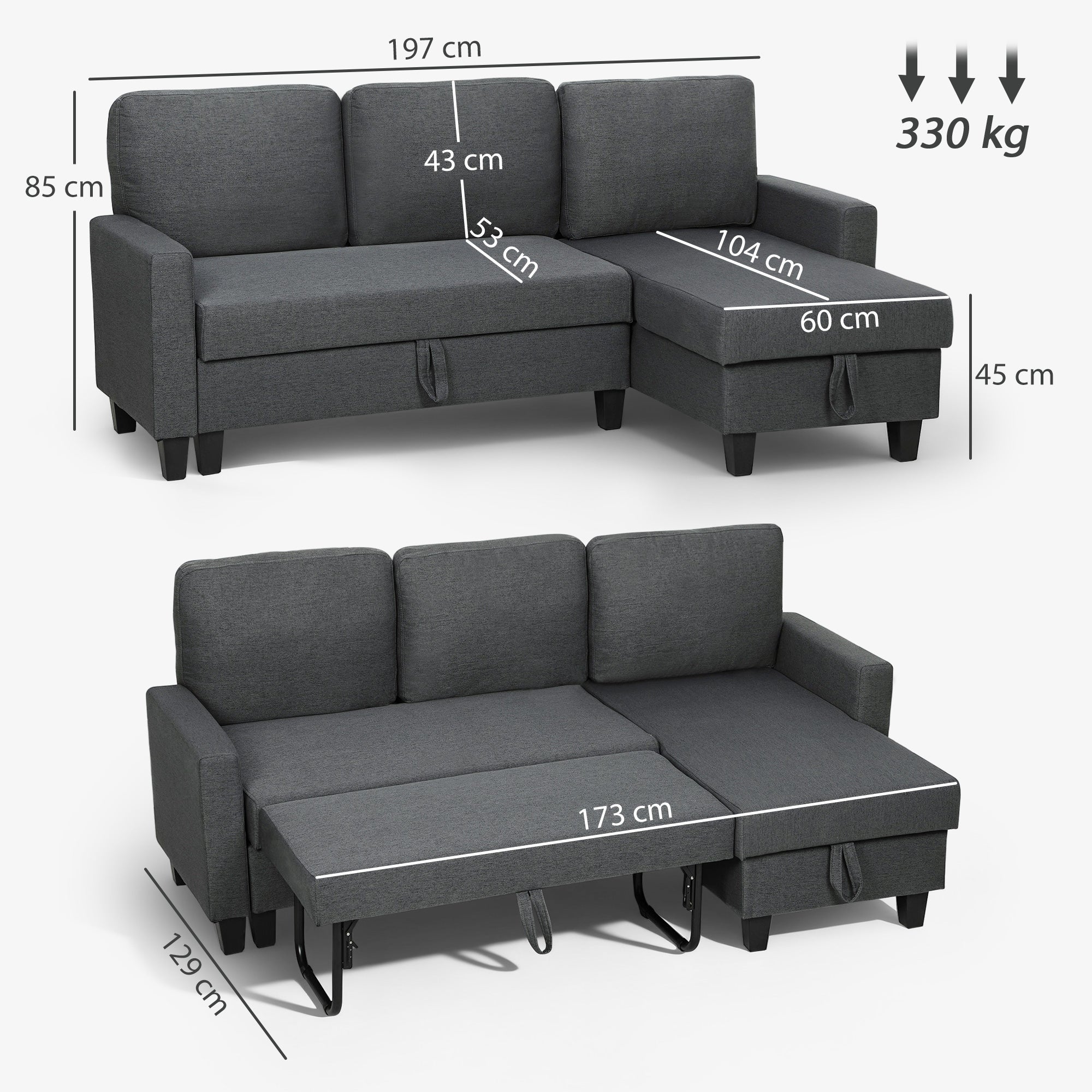 HOMCOM Three-Seater Storage Sofa Bed -  Charcoal Grey 