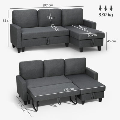 HOMCOM Three-Seater Storage Sofa Bed -  Charcoal Grey 