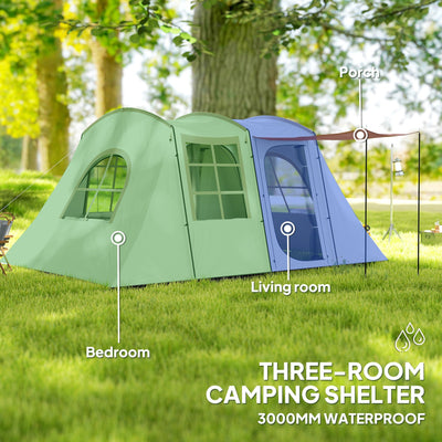 Outsunny 3-4 Man Tunnel Tent, Family Camping Tent with Porch, Bedroom and Living Area, Sewn in Groundsheet, 3000mm Waterproof, Portable with Bag for Hiking, Festival, Backpacking, Khaki 
