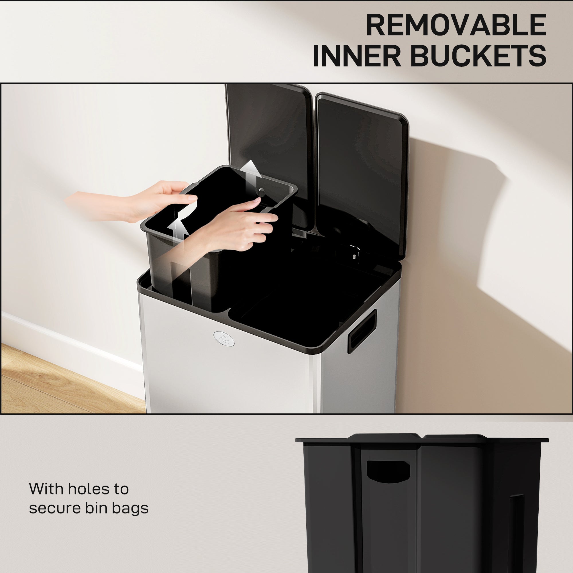 HOMCOM 56L Dual Compartment Stainless Steel Bin, with Deodoriser Holders - Silver Tone 