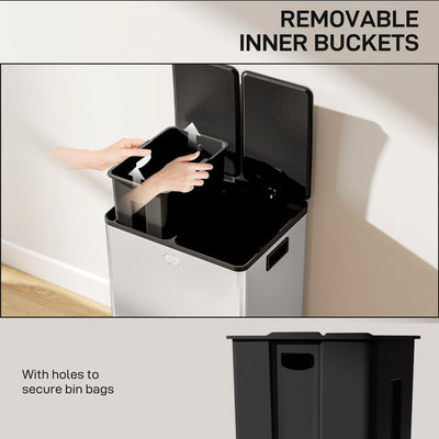 HOMCOM 56L Dual Compartment Stainless Steel Bin, with Deodoriser Holders - Silver Tone 