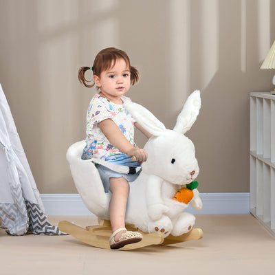 HOMCOM Kids Rabbit-Shaped Rocking Horse, with Safety Belt, Realistic Sounds, for Ages 18-36 Months - White 