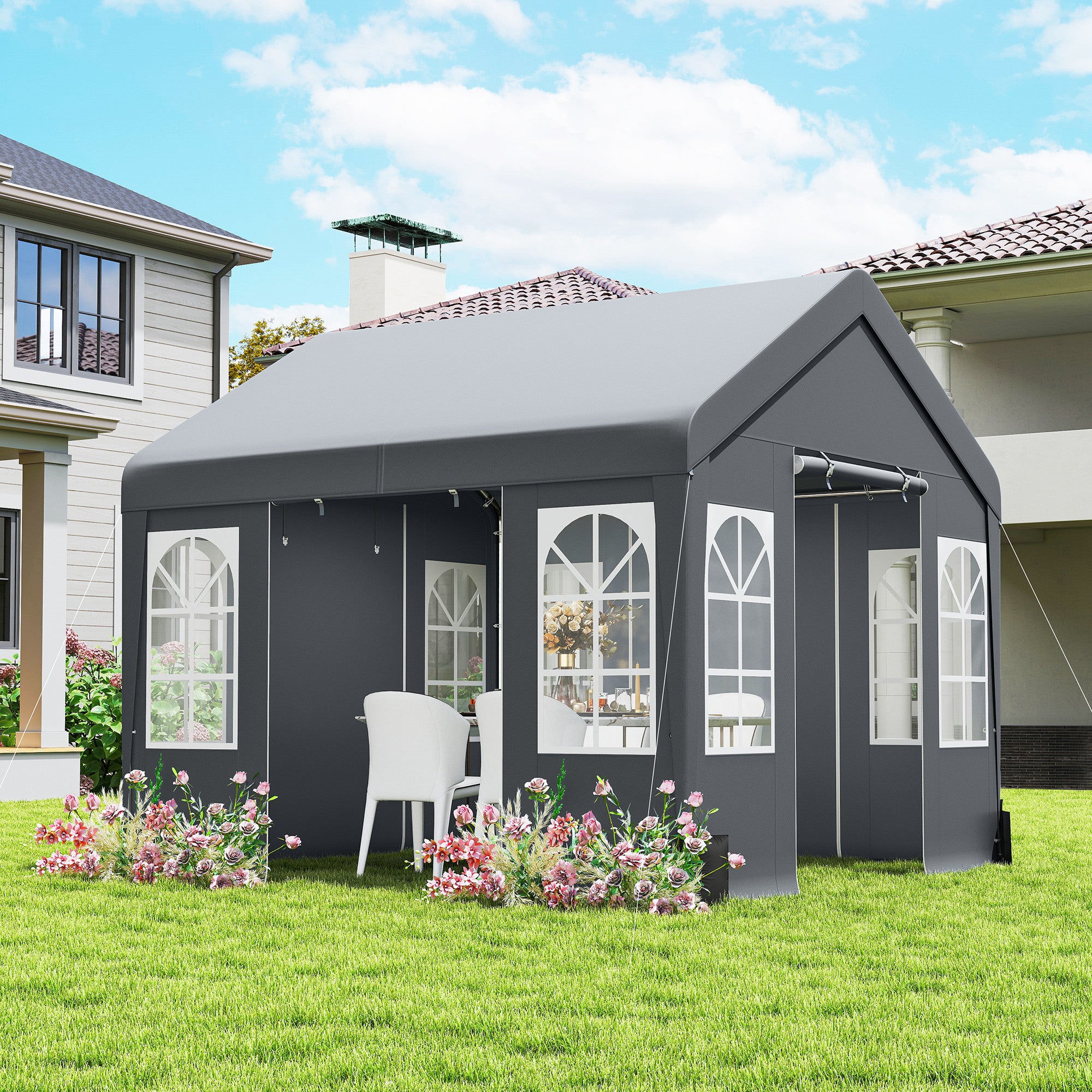 Outsunny 3 x 3 m Party Tent, Outdoor Canopy Tent Shelter with Removable Sidewalls, 4 Zipped Doors, for Parties, Wedding, Grey 