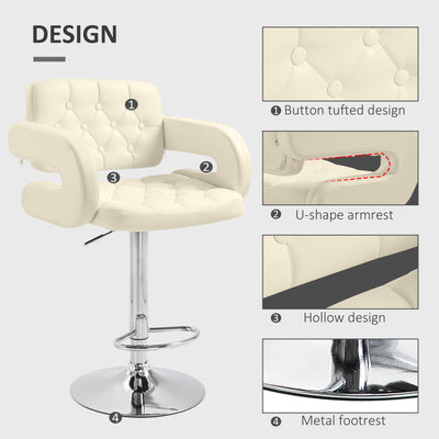 HOMCOM PU Leather Upholstered Swivel Bar Stool, Height Adjustable with Back, Armrest, Footrest, Beige 