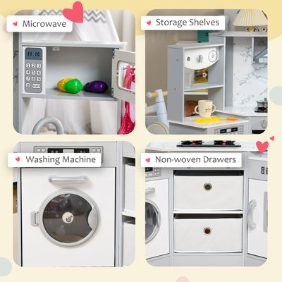 AIYAPLAY Toy Kitchen with Running Water, Lights, Sounds, Apron and Chef Hat, Water Dispenser, for Ages 3-6 Years, Grey 