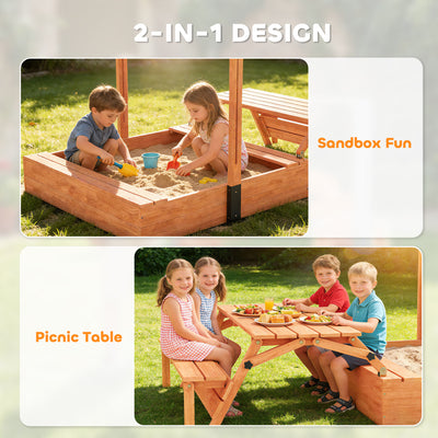 AIYAPLAY Kids Sand Pit with Lid, Wooden Sandpit with Canopy, Foldable Picnic Table, Bench Seats, Bottom Liner for Patio Garden 