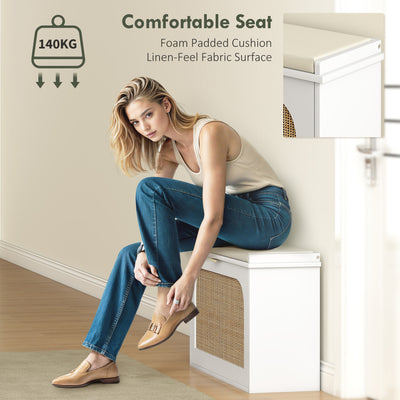 HOMCOM Boho Shoe Bench with Padded Seat and Flip-Drawer - White 