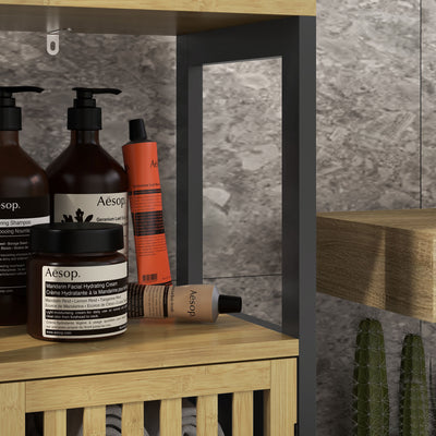 HOMCOM Bamboo-Blend Retro Cut-Out Bathroom Storage Unit, with Cupboard 