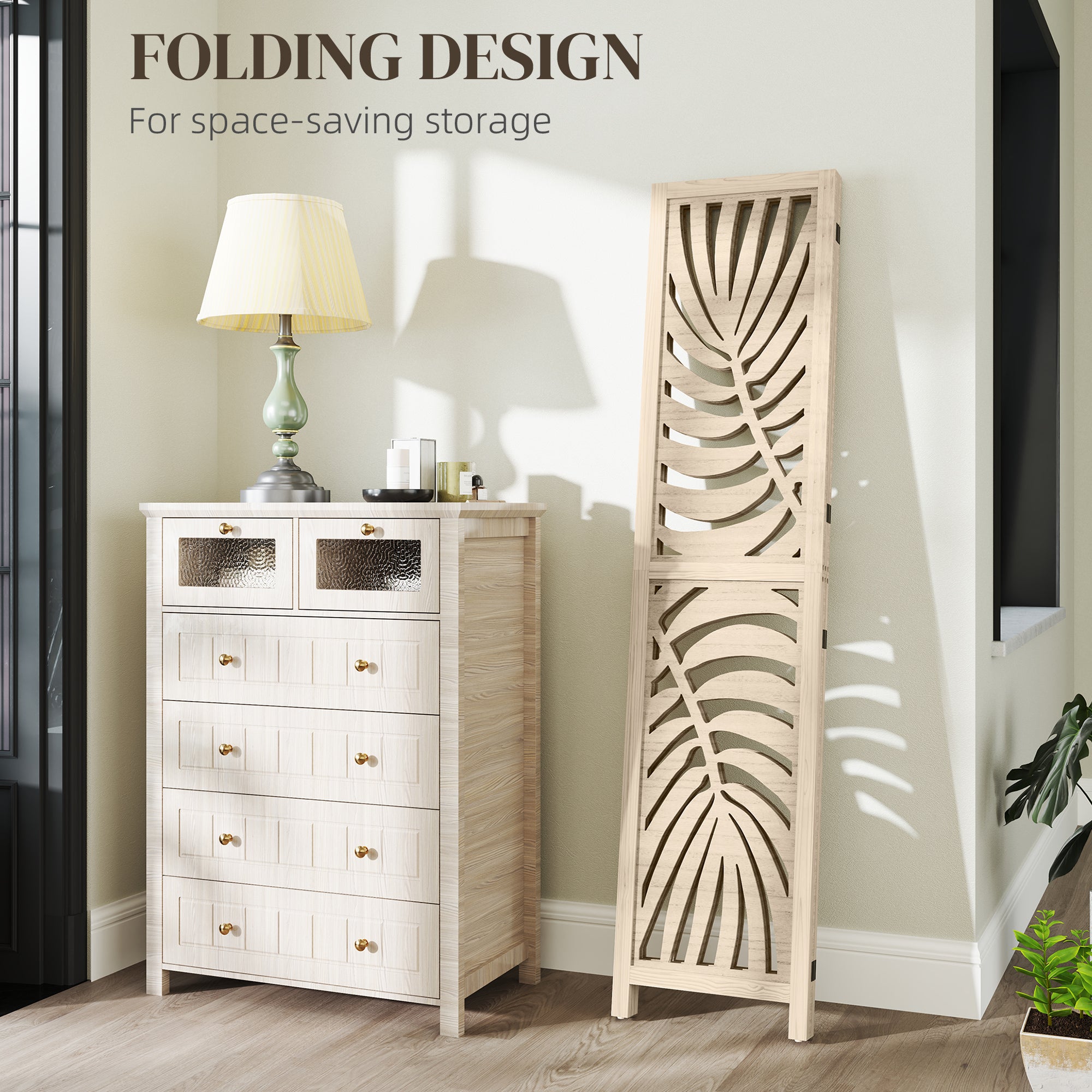 HOMCOM 3 Panel Room Divider, Detachable Folding Privacy Screens with Palm Leaf Design for Home Office, Natural Wood Finish
