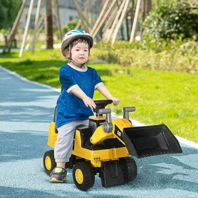 HOMCOM CAT Licensed Kids Construction Ride-On Toddler Digger Excavator Foot-To-Floor Ride-On Toy w/ Manual Shovel, Horn, Hidden Storage, for Ages 1.5-3 Years 