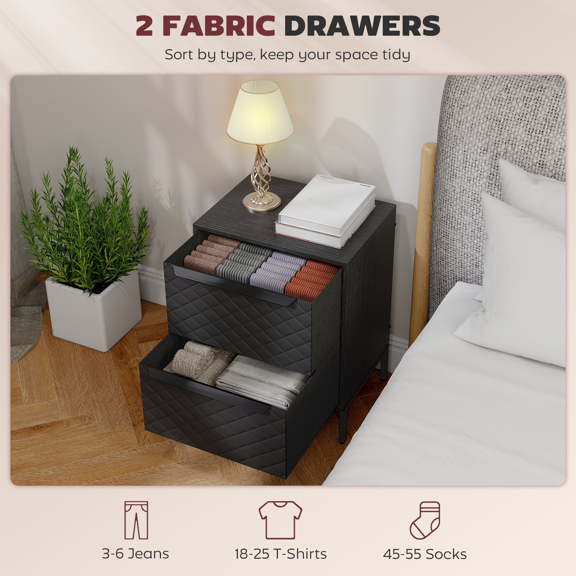 HOMCOM Chest of Drawers, Dresser with 2 Fabric Drawers and Aluminium Handles - Black 