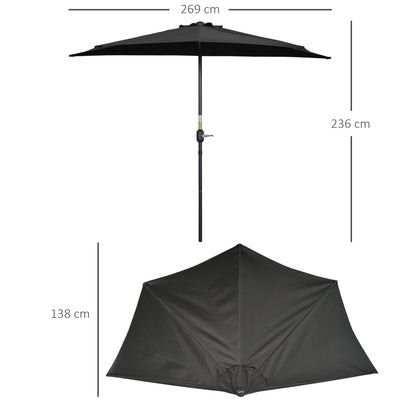 Outsunny 2.7m Garden Half Parasol, Outdoor Balcony Umbrella with 5 Steel Ribs, Patio Sun Shade, Black 