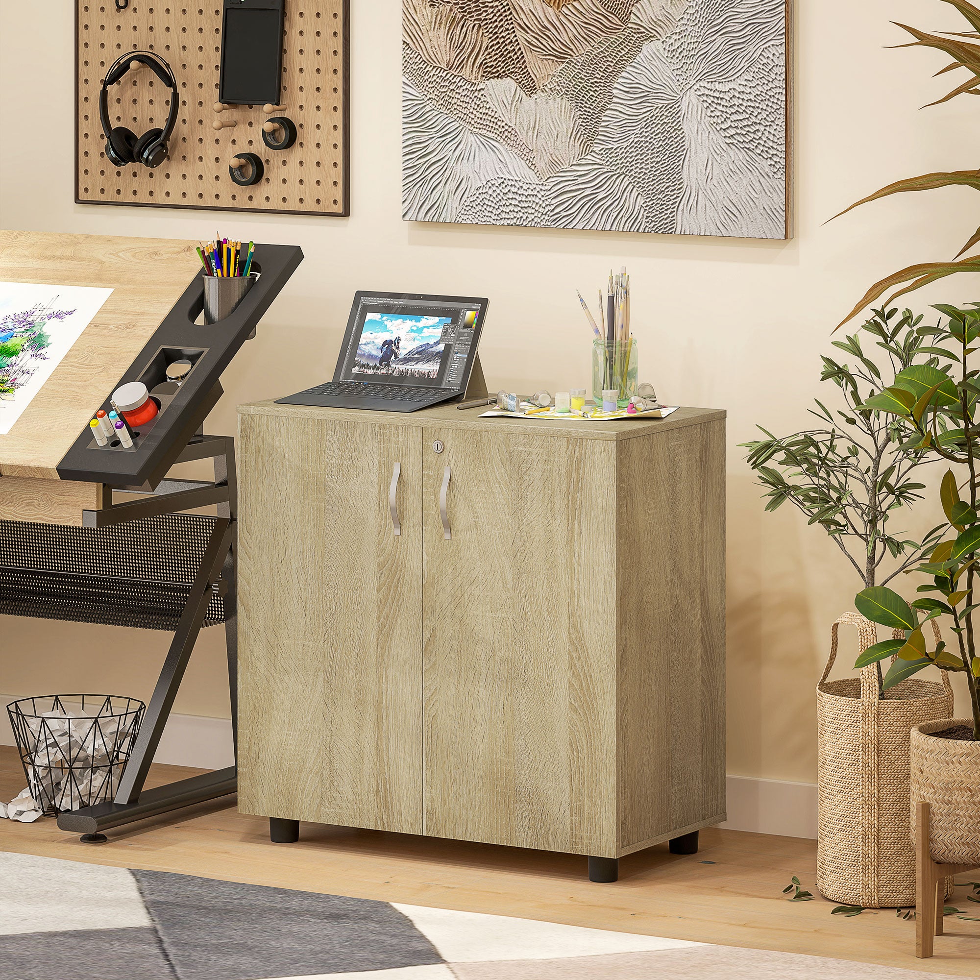 Vinsetto Two-Tier Locking Office Storage Cabinet - Oak 