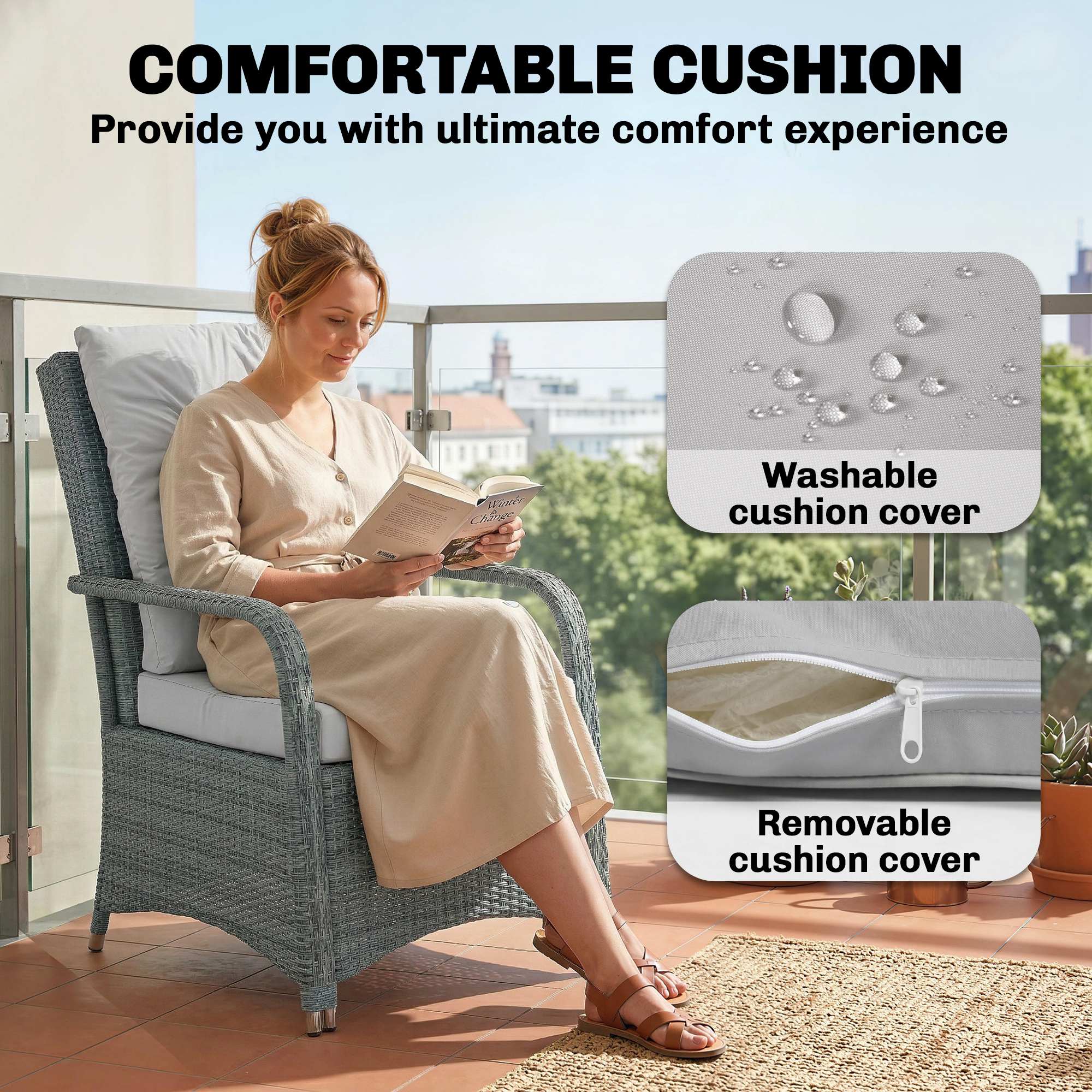 Outsunny 3 Pieces Rattan Bistro Set, Wicker Garden Furniture Set with Metal Frame, Cover, Glass Top Coffee Table, Light Grey 