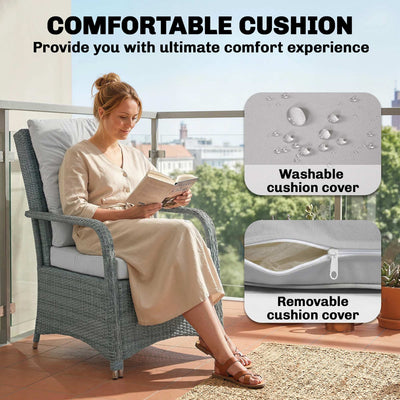 Outsunny 3 Pieces Rattan Bistro Set, Wicker Garden Furniture Set with Metal Frame, Cover, Glass Top Coffee Table, Light Grey 