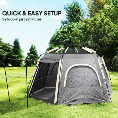 Outsunny Instant Camping Tent, 2/3/4 Person Easy Setup Family Tent with Vestibule, Rainfly, 4 Mesh Windows & 2 Doors, Hexagonal Design, Waterproof UV Protected Dome Tent, Dark Grey 